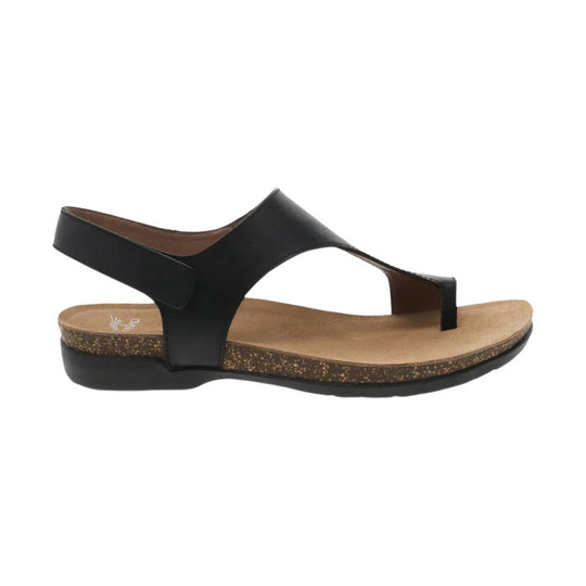 Black leather slingback sandal with a low wedge heel and tan footbed