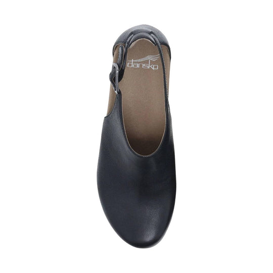 Black leather slip-on shoe with an adjustable heel strap and rounded toe, top view