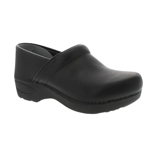Black clogs with a closed toe, slip-on design, and thick molded sole