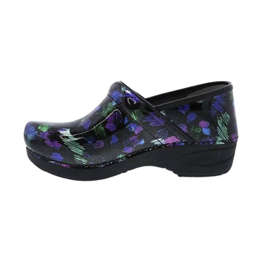Black closed-back clog with colorful scribble print and black wedge sole, side view