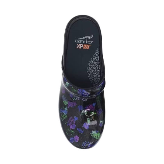 Black clog with colorful scribble pattern and embossed footbed, top view