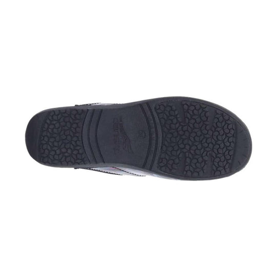 Black shoe outsole with textured rubber tread and embossed logo