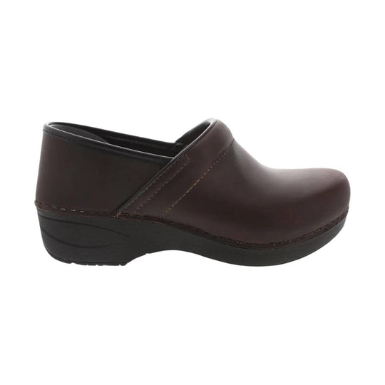 Brown clogs with a closed toe, slip-on upper, and black wedge sole