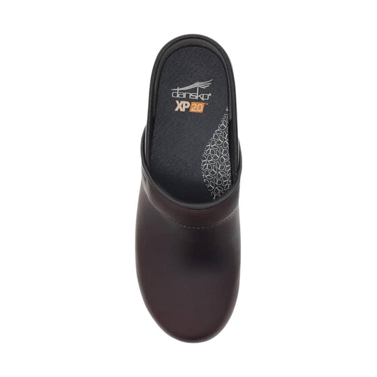 Brown clogs with a black cushioned footbed and visible logo text
