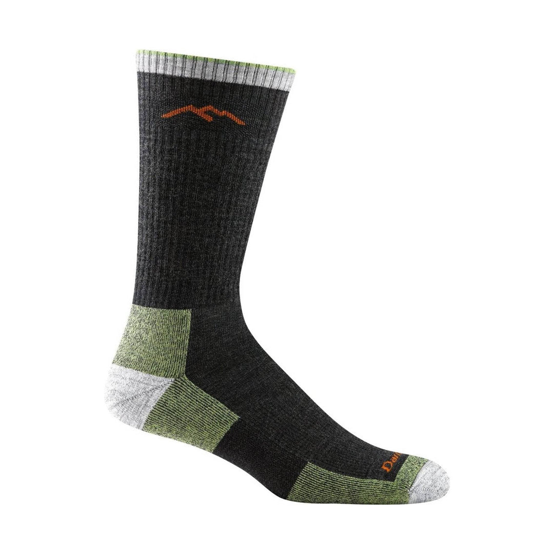Black midweight hiking sock with olive and gray accents and orange logo