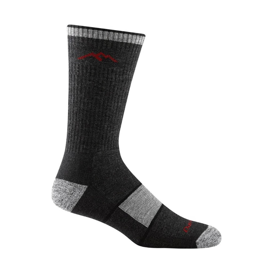 Black knee-high hiking sock with gray cuff, heel, toe, and foot panels