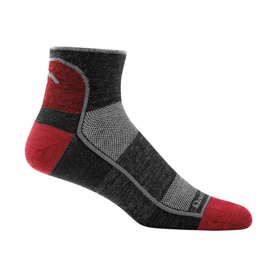 Black, gray, and red ankle sock with reinforced heel and toe