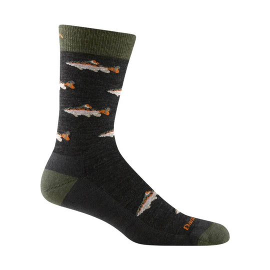 Dark crew sock with olive cuff and heel, patterned with small orange, white, and gray flying fish