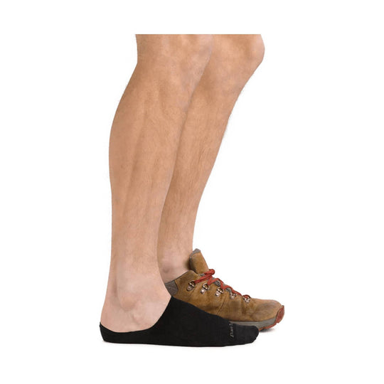 Black no-show sock worn with a brown hiking shoe