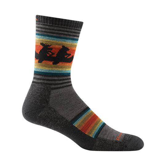 Dark gray hiking sock with multicolor stripes and a black moose graphic