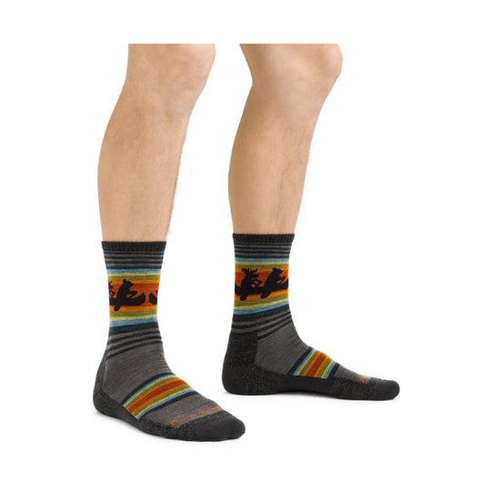 Two pairs of gray hiking socks with rainbow stripes and black moose silhouettes, shown on legs in side view