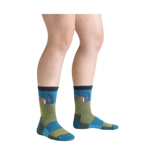 Blue and olive kids' crew socks with a bunny and pink nose graphic
