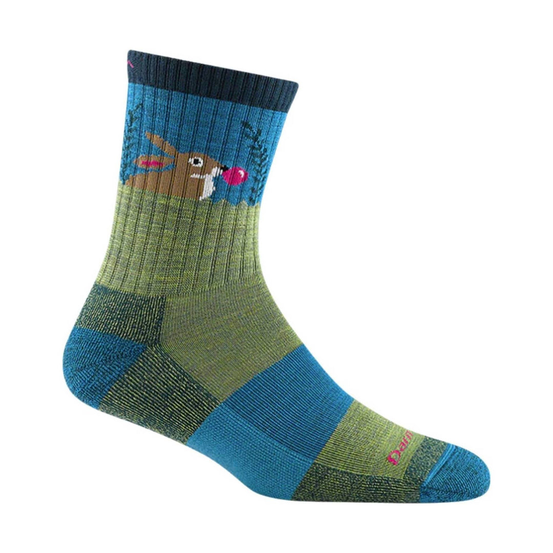 Color-blocked kids' crew sock with a cartoon bunny and pink logo text