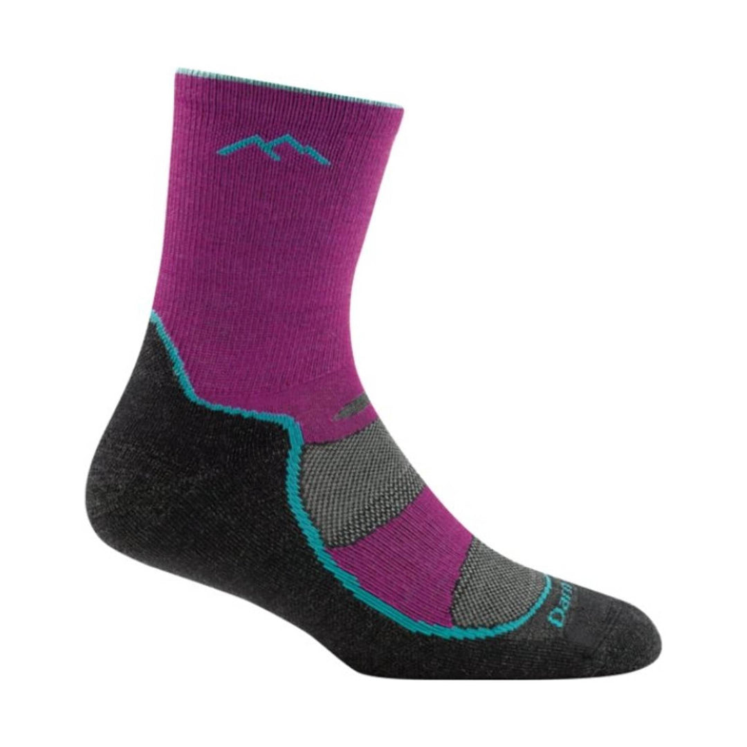 Magenta and black kids' hiking sock with teal trim and gray knit panels