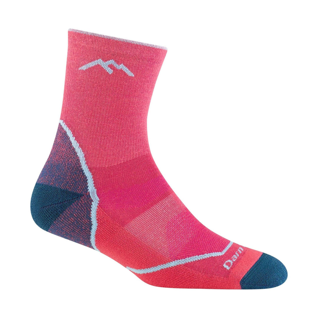 Pink and blue ankle hiking sock with mountain logo and Darn Tough text