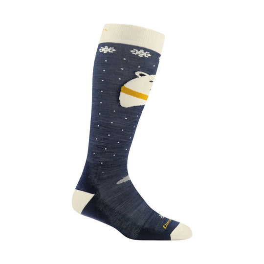Navy over-the-calf ski sock with white snowflakes and a bear graphic