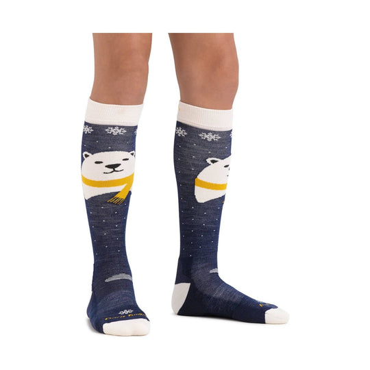 Navy knee-high ski socks with white polar bear and snowflake pattern