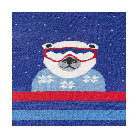 Blue knit ski sock with a white polar bear in red goggles and a snowy sweater design.