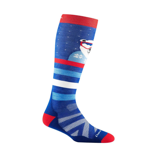 Blue knee-high ski sock with red cuffs, white snowflake and mountain pattern, and visible Darn Tough text