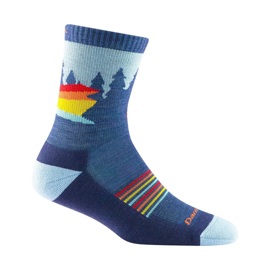 Blue kids' hiking sock with a rainbow stripe pattern and tree design, with visible Darn Tough text