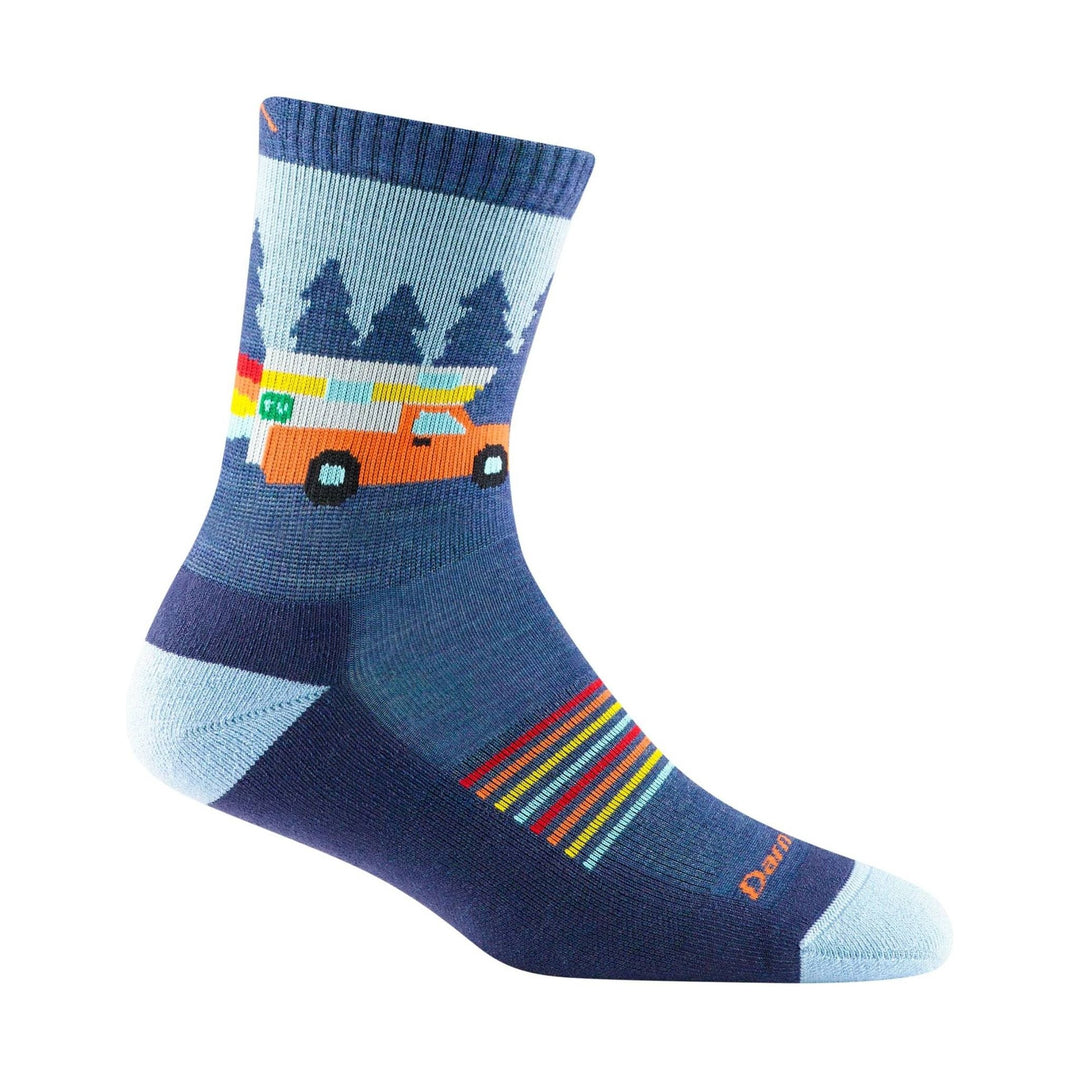 Blue crew sock with a colorful camper van and rainbow stripes