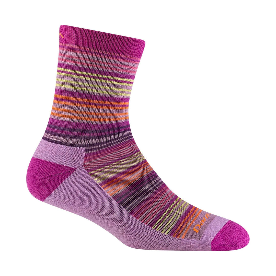 Colorful striped crew sock in magenta, lavender, and orange, shown in profile
