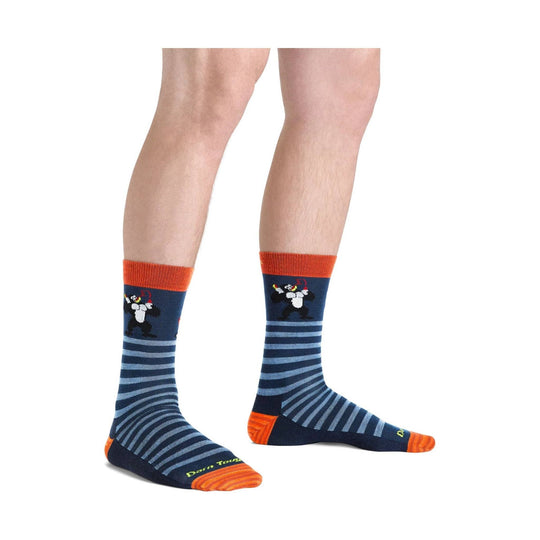 Navy and blue striped crew socks with orange cuffs, toes, and heels, shown on legs