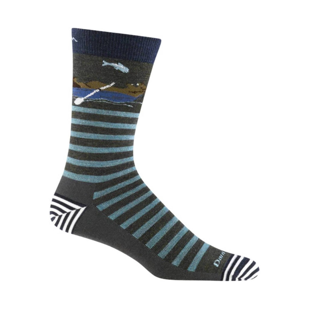 Dark patterned crew sock with light blue stripes and white striped toe and heel accents