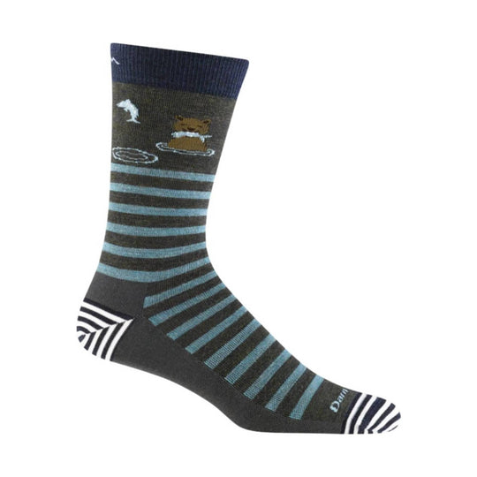 Dark gray crew sock with light blue stripes and animal graphics