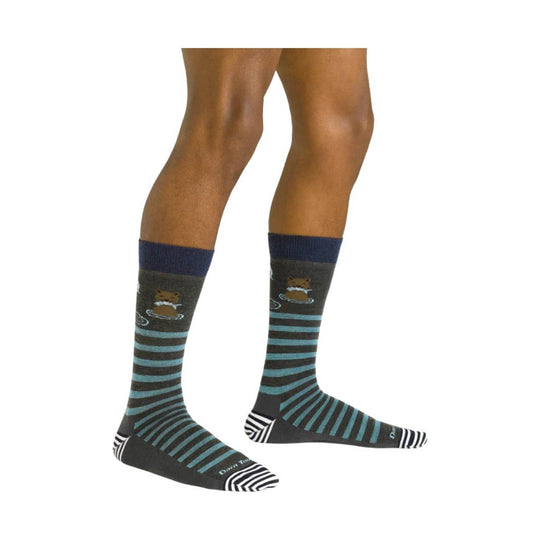 Dark gray knee-high socks with teal stripes, zebra-striped toes, and a small animal graphic near the calf.