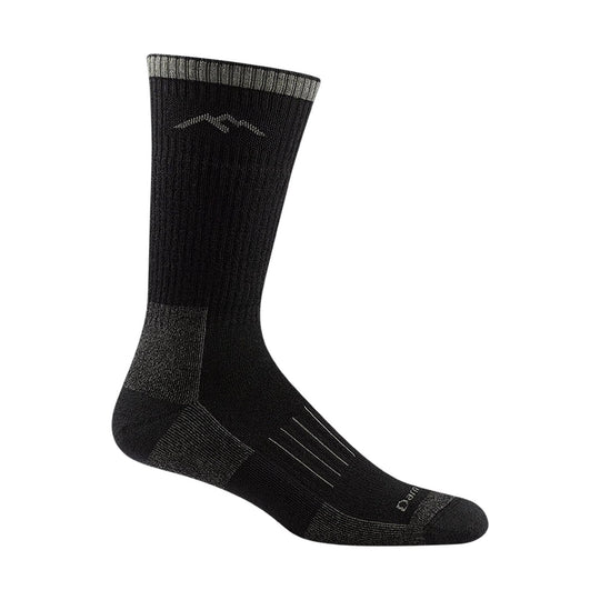 Black midweight crew hiking sock with light gray cuff and small logo near the top