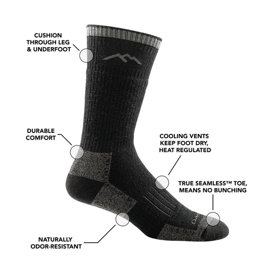 Black and gray crew hiking sock with feature callouts for cushioning, cooling vents, seamless toe, and odor resistance