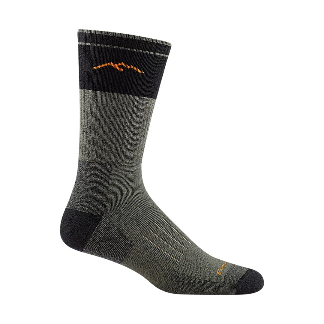 Tall gray and black hiking sock with orange logo and reinforced heel and toe