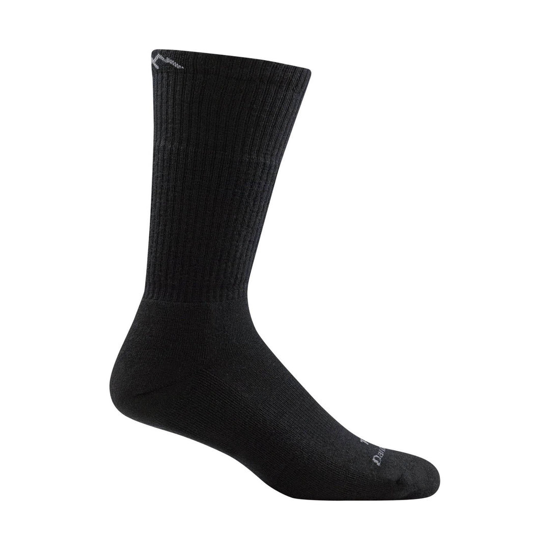 Black midweight crew sock with ribbed cuff and small visible logo text