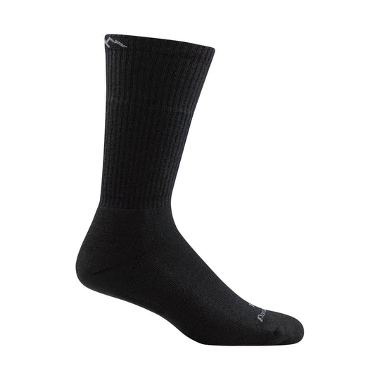 Black midweight crew sock with ribbed cuff and small visible logo text