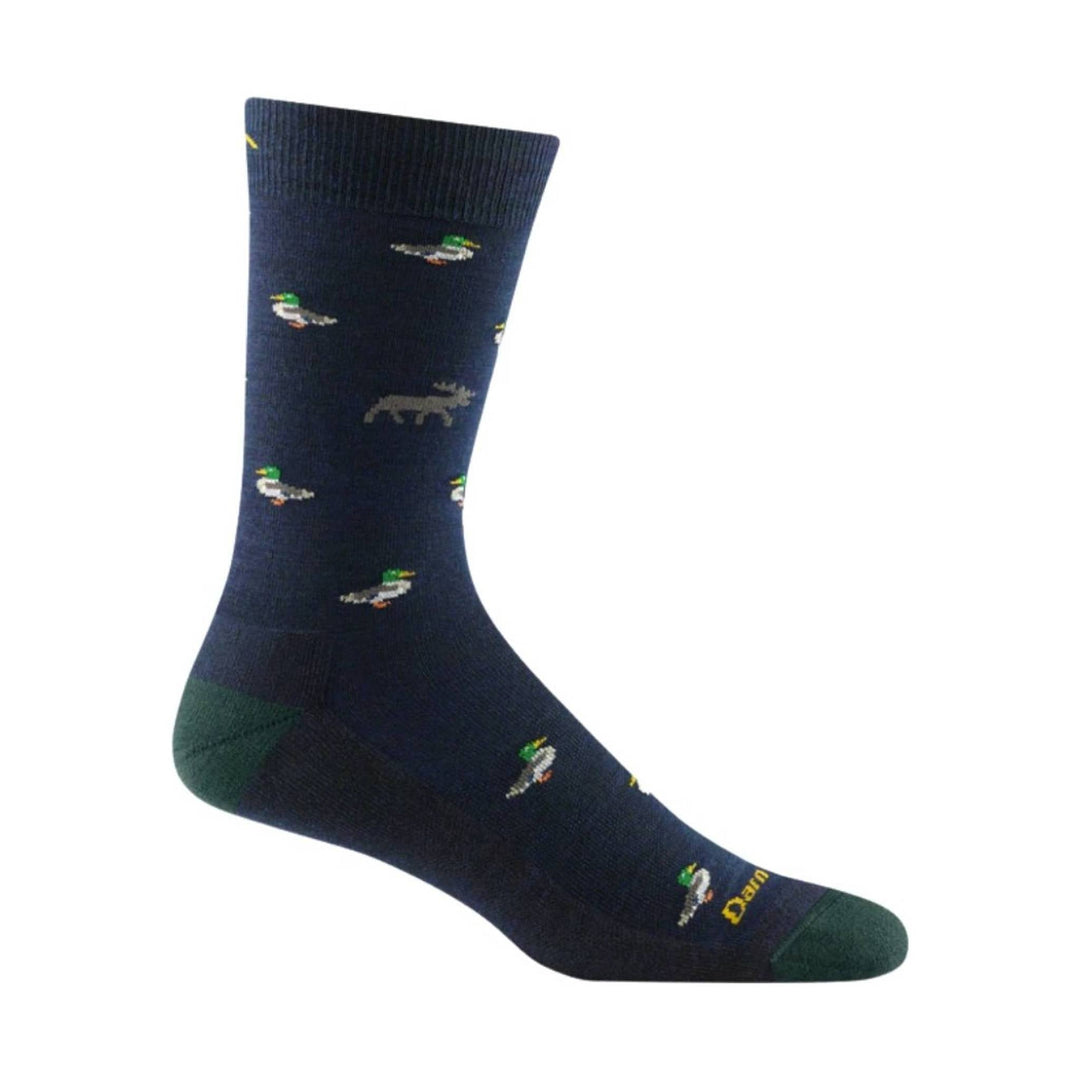 Navy crew sock with small duck and moose pattern and green toe and heel