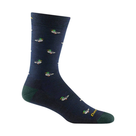 Navy crew sock with small duck and duckling pattern, green toe and heel, and yellow "Darn" text near the ankle