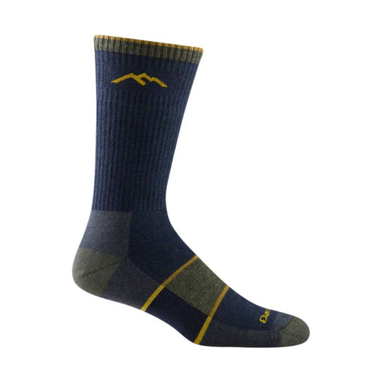 Navy and gray hiking sock with gold stripes and a small mountain logo