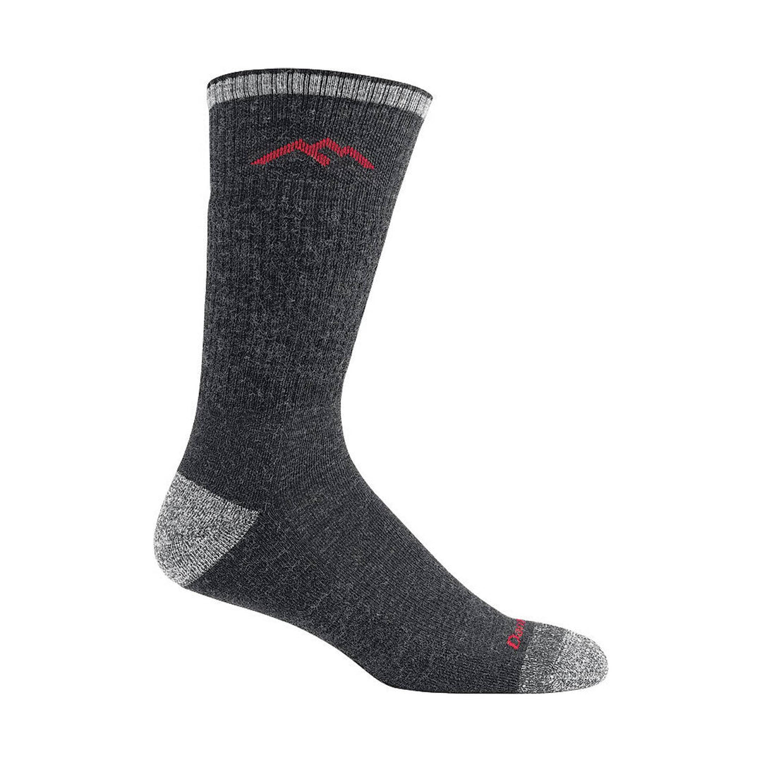 Black and gray midweight hiking sock with a red mountain logo near the cuff and red text at the toe