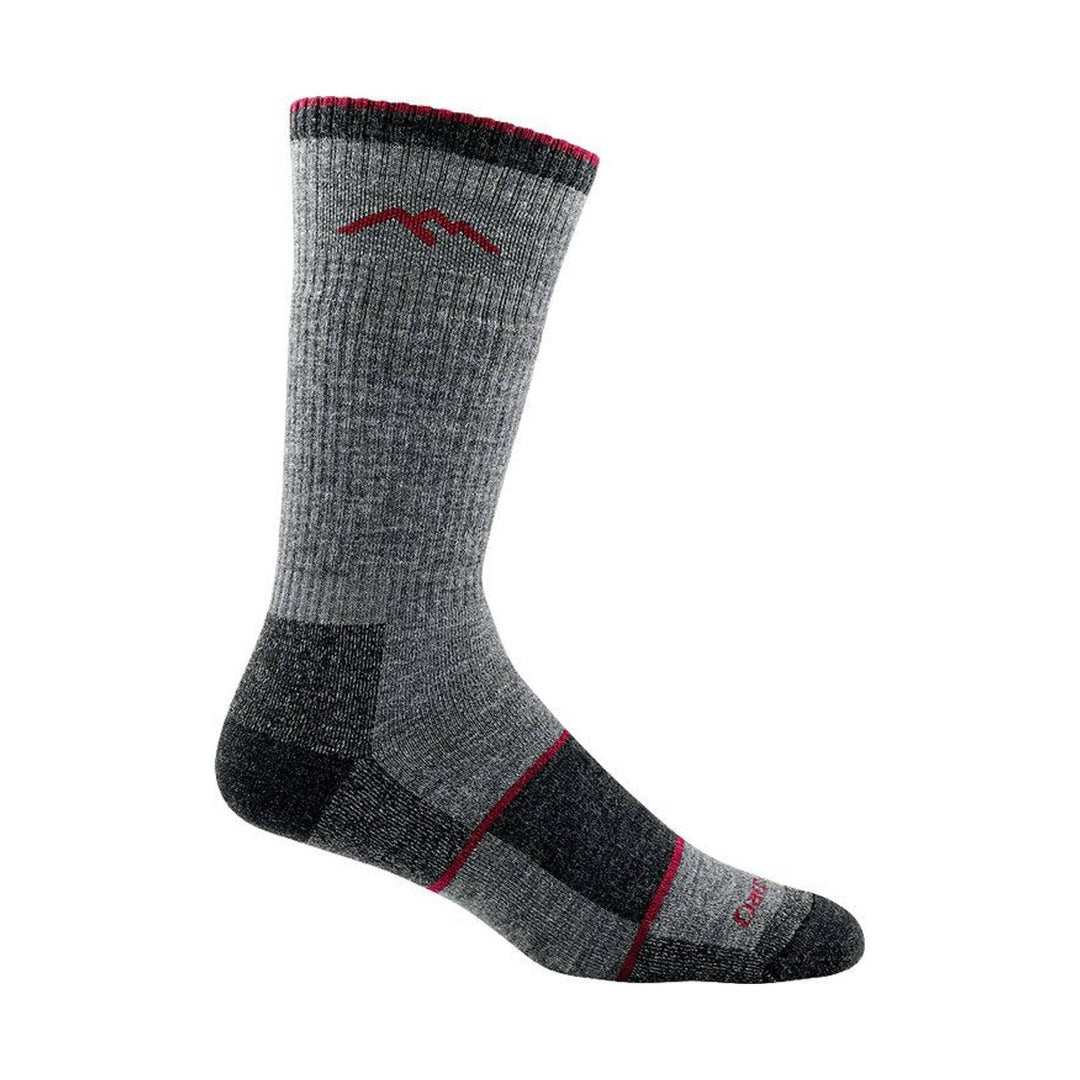 Gray and black knee-high hiking sock with red trim and red logo details