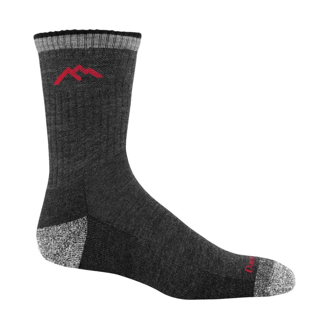 Black and gray hiking sock with red logo and cushioned heel and toe