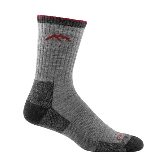 Gray mid-calf hiking sock with dark heel and toe, red cuff trim, and red logo near the top