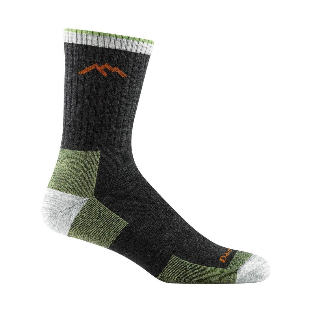 Black hiking sock with olive-green and white heel and toe panels and orange logo near the cuff