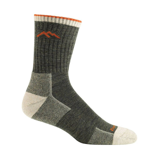 Olive and gray crew hiking sock with orange trim and mountain logo
