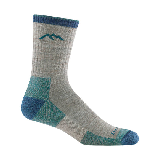 Gray hiking sock with teal and blue accents
