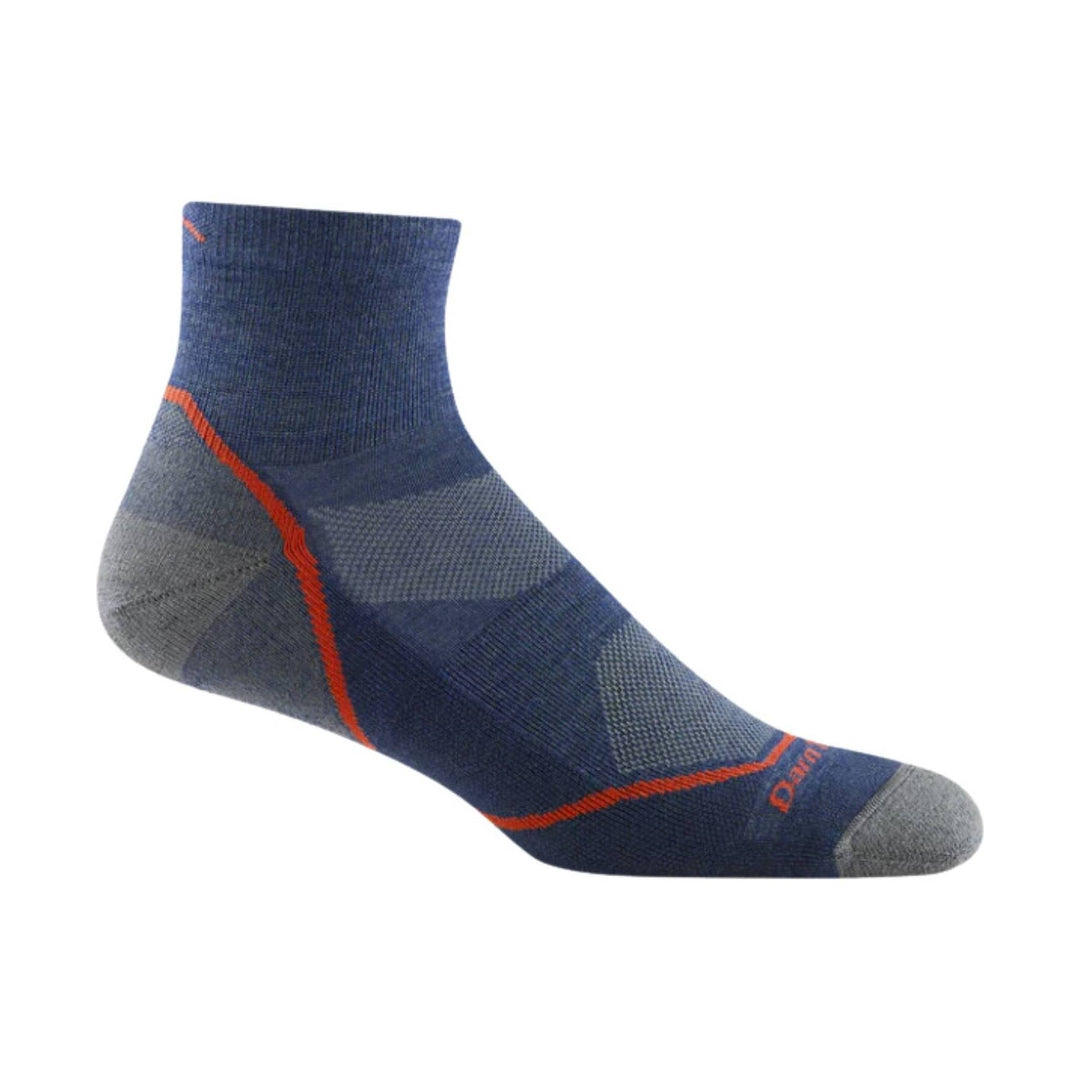 Blue and gray ankle sock with orange stitching and toe lettering