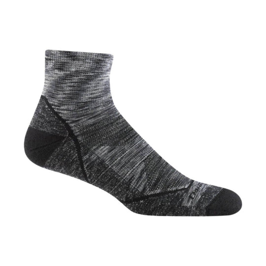 Black and gray ankle hiking sock with a ribbed cuff and patterned knit.