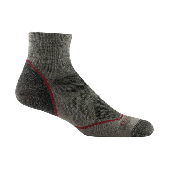 Gray and black ankle hiking sock with red seam accents