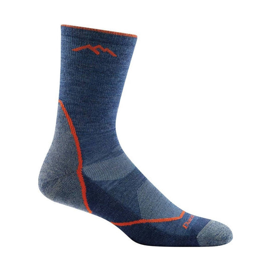 Blue mid-calf athletic sock with orange seam accents and gray heel and toe