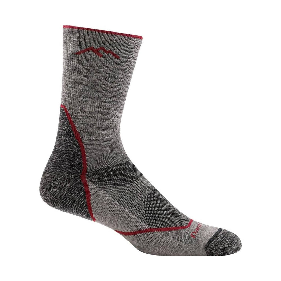 Gray mid-calf hiking sock with red accents and black reinforced heel and toe